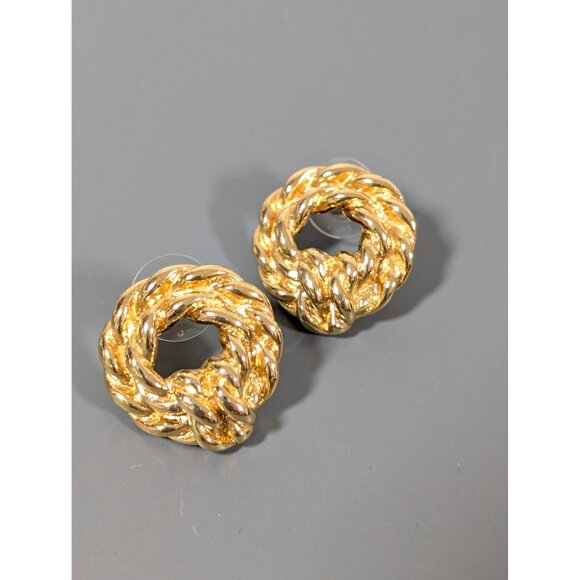 Vintage Monet Gold Tone Door Knocker Style Round Classic Pierced Earrings - Picture 2 of 7